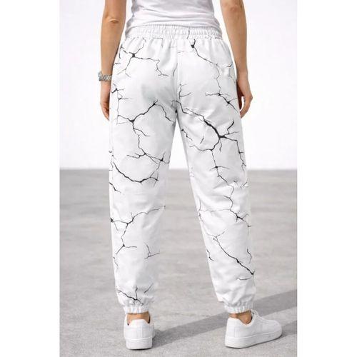 Dijital Baskılı Eşofman Altı Kışlık Üç İplik Şardonlu Kumaş Lastikli Paça, Cepli, Rahat Kalıp - Beyaz