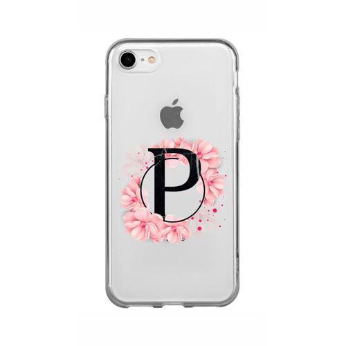 iPhone 8 Pembe Çiçek Desen P Harfli Şeffaf Kılıf