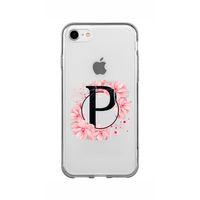 iPhone 8 Pembe Çiçek Desen P Harfli Şeffaf Kılıf