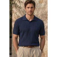 Nestor Saç Örgü Desenli Polo Yaka Regular Fit Örme İnce Triko Erkek T-Shirt - Lacivert