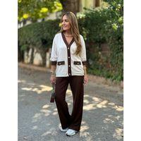 Kadın Uzun Kollu Ribanali Cep Detay Hırka Ve Bol Paça Pantolon Ikili Takım