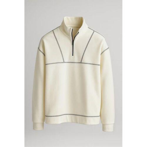 Crowe Çizgi Şeritli Oversize Yarım Fermuar Polar Erkek Sweatshirt - Ekru