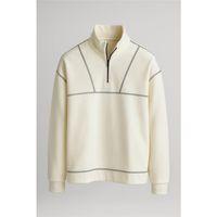 Crowe Çizgi Şeritli Oversize Yarım Fermuar Polar Erkek Sweatshirt - Ekru