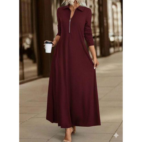 Kadın Uzun Kollu Yakalı önden Fermuarlı Uzun Viskon Iki Iplik Elbise