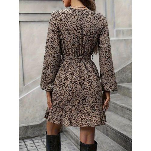 Kadın Uzun Kollu Kruvaze Yakalı Kuşaklı Desenli Kısa Modal Mini Elbise
