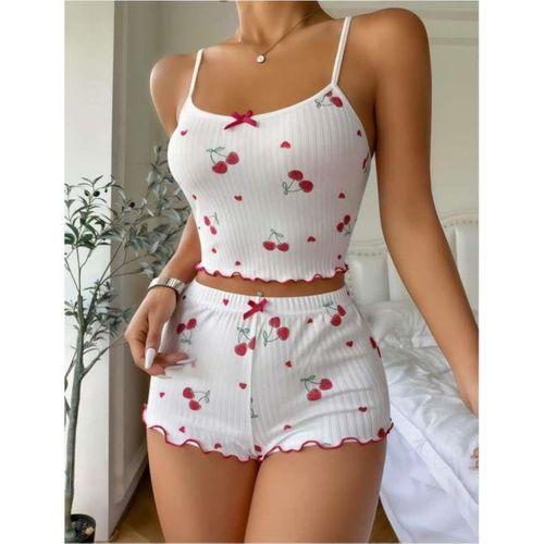 Beyaz Kiraz Desenli Askılı Şortlu Pijama Takımı