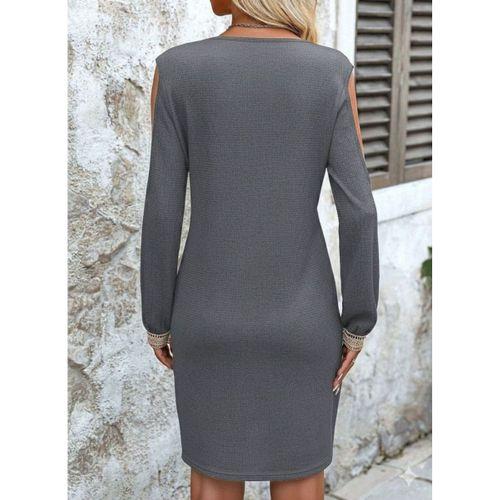 Kadın Uzun Kollu Omuzdan Açık V Dantel Yakalı Mini Waffle Elbise