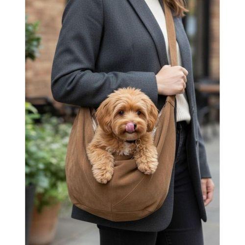 Açık Kahve Güderi Dokulu Köpek Taşıma Çantası – Emniyet Kemerli