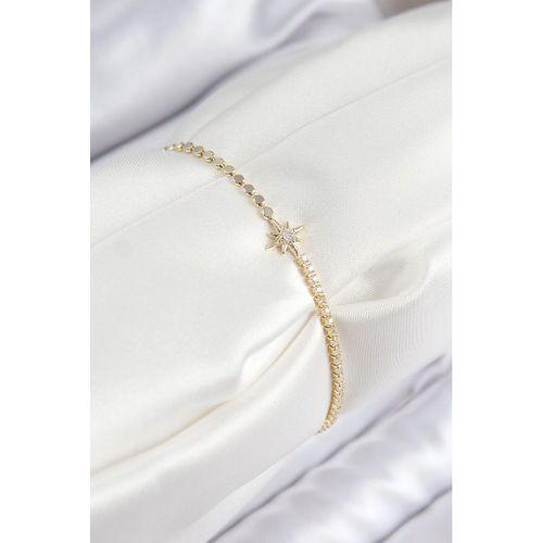 Pirinç Zirkon Taşlı Kutup Yıldızı Model Ezme Zincir Gold Renk Kadın Bileklik