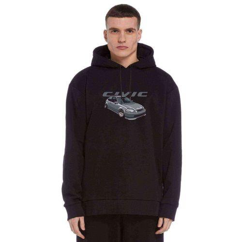 Civic Baskılı Siyah Erkek Kapşonlu Sweatshirt