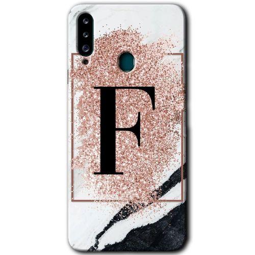 MRCİLETİSİM MRCİLETİSİM Samsung Galaxy A20s Kılıf HD Desen Baskılı Arka Kapak + Temperli Cam - Pembe Mermer Desenli F Harfi