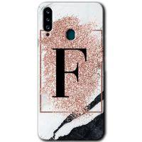 MRCİLETİSİM MRCİLETİSİM Samsung Galaxy A20s Kılıf HD Desen Baskılı Arka Kapak + Temperli Cam - Pembe Mermer Desenli F Harfi