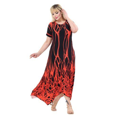 Melsay Butik Kısa Kollu Asimetrik Kesim Kırmızı Dalgalı Reflektör Desen Büyük Beden Elbise