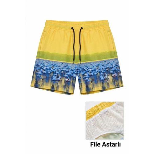 Deniz Şortu Fermuarlı Cepli File Astarlı Hızlı Kuruyan Premium - Sarı