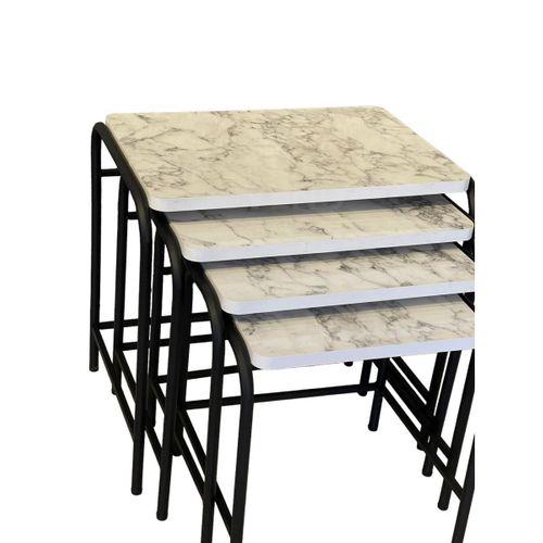 4'Lü Zigon Sehpa Metal Siyah Ayaklı Beyaz Mermer Desen