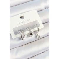 Pirinç Zirkon Taşlı Halka Model Gümüş Renk 3'lü Çift Kadın Küpe Set