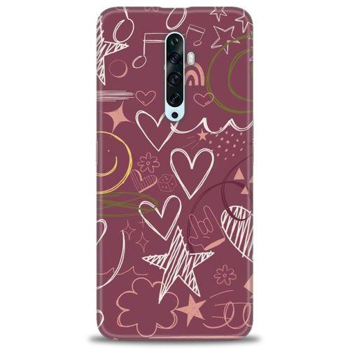 Oppo Reno 2Z Kılıf HD Baskılı Kılıf - Notalar ve Kalpler Bordo + Tam Ekran Koruyucu