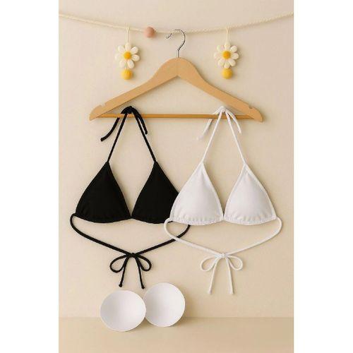 Siyah Ve Beyaz 2’li Üçgen Bikini Üstü Seti Bağlamalı Minimal Kesim Esnek Kadın Mayo Üstü