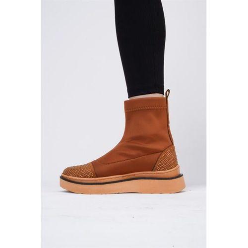 Afron Taba Renkli Taba Deri Detaylı Taşlı Kışlık Kadın Bot