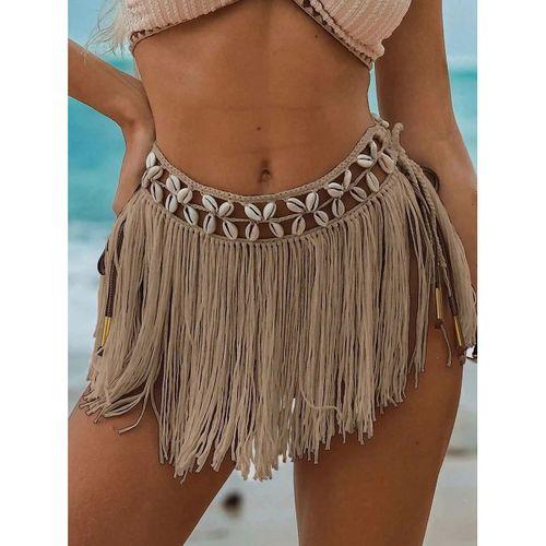 Bej Bikini Üstü Deniz Kabuklu Püsküllü Pareo,beachwear,bikini Üstü El Emeği Plaj Eteği,bohem Etek