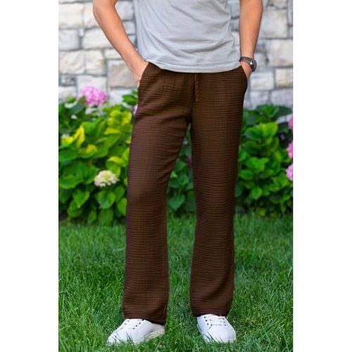 Beli Lastikli Multi Çift Cepli Müslin Kadın/Erkek Unisex Yazlık Pantolon Kahve Khv