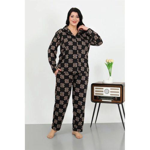 Kadın Büyük Beden Pamuklu Cepli Düğmeli Siyah Pijama Takım