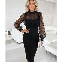 Kadın Balıkçı Yaka Puantiyeli Tül Detay Midi Boy Elbise