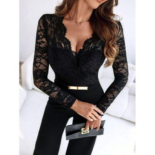 Kadın Uzun Kollu Kruvaze Yakalı Dantelli önünde Toka Detaylı Uzun Ithal Krep Tulum