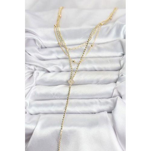 Pirinç Gold Renk Zirkon Taşlı Yonca Model Detaylı 3'lü Kombin Y Kadın Kolye