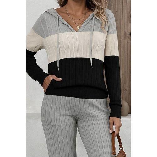 Kadın Uzun Kollu Kapşonlu Bağcıklı Blok Renkli şardonlu Kaşkorse Bluz Ve Pantolon Ikili Takım