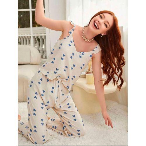 Kadın Ekru Mavi Kalp Desenli Yumuşak Pamuklu Uzun Pijama Takımı