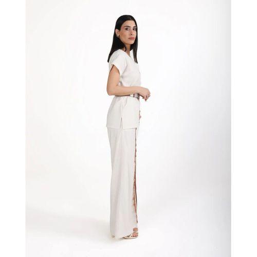 Trend Kadın Krem Keten Dokulu Bol Paça Pantolon ve Kısa Kollu Bluz Takımı