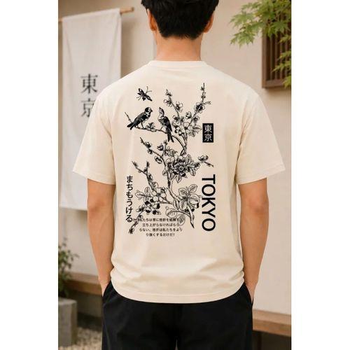 Erkek Ön Ve Arka Tokyo Kuş Çiçek Baskılı Oversize T-Shirt - Ekru