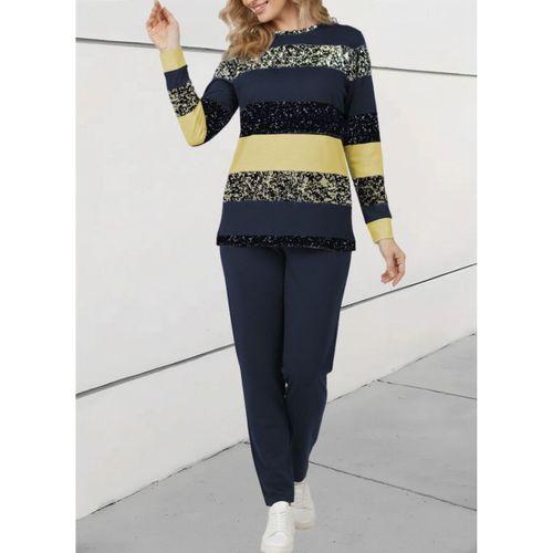 Kadın Uzun Kollu Bisiklet Yaka çizgili Desen Iki Iplik Bluz Ve Pantolon Ikili Takım