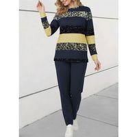 Kadın Uzun Kollu Bisiklet Yaka çizgili Desen Iki Iplik Bluz Ve Pantolon Ikili Takım