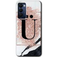 MRCİLETİSİM Tecno Camon 18T Kılıf HD Desen Baskılı Arka Kapak+Temperli Cam - Pembe Mermer Desenli Ü Harfi