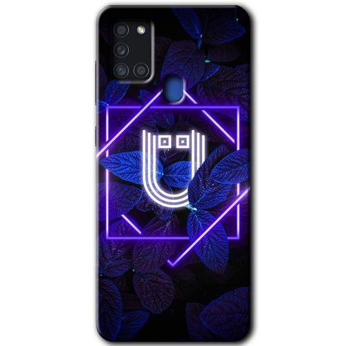 Samsung Galaxy A21s Kılıf Baskılı Kapak - Dark Neon Yaprak Ü Harfi + 5D Tam Kaplayan Cam