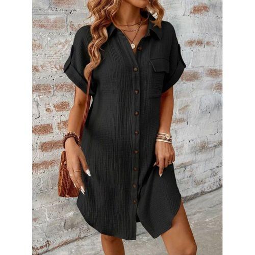 Kadın Kısa Kollu Yakalı önden Düğmeli Bürümcük Kısa Elbise