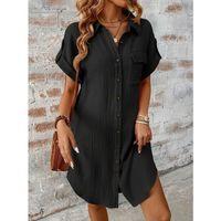 Kadın Kısa Kollu Yakalı önden Düğmeli Bürümcük Kısa Elbise