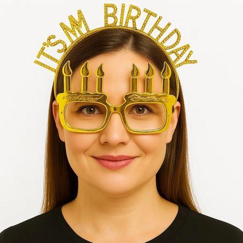 Çocuk İt&amp;#39;sMyBirthdayYazılıTaçveMumŞekilliGözlükSetiAltınRenk