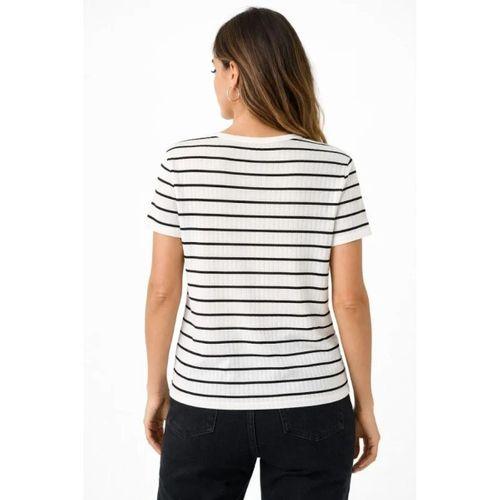 Çizgili Yazlık Triko T-Shirt Bisiklet Yaka Rahat Kalıp Tişört - Beyaz