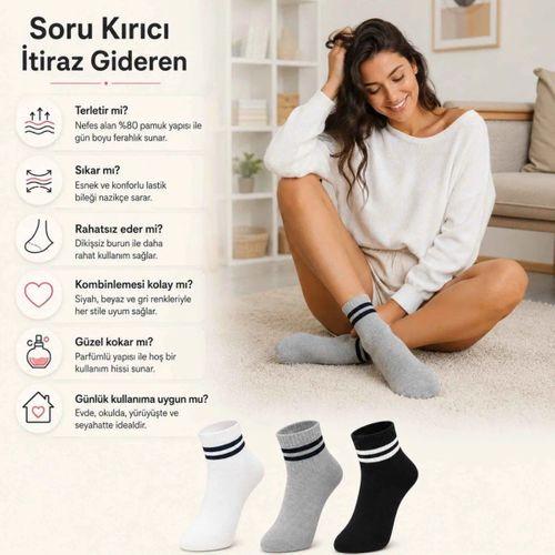 Unisex Çizgili Bilek Çorap 12'li | %80 Pamuklu Dikişsiz Burun, Siyah Beyaz Gri Günlük Spor