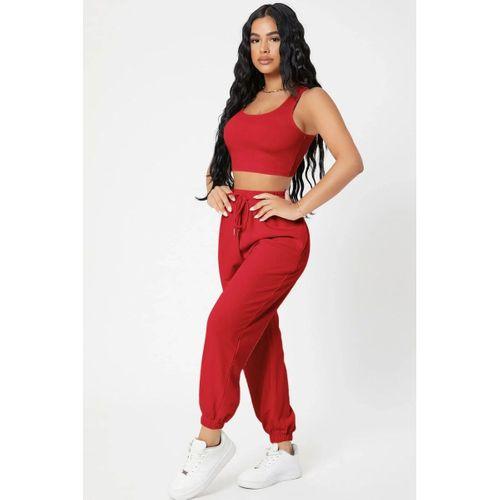 Kadın Kırmızı Premium Görünümlü Kaşkorse Cepli Jogger Eşofman Altı Ve Crop Top Bluz Takımı