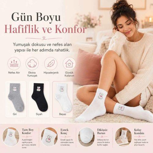 Kadın Tavşan Desenli Kısa Konç Çorap 12'li | %80 Pamuklu Dikişsiz, Siyah Beyaz Gri