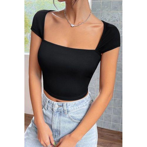 Kadın Siyah Kare Yaka Yarım Kol Göğüs Dekolteli Crop Top Bluz