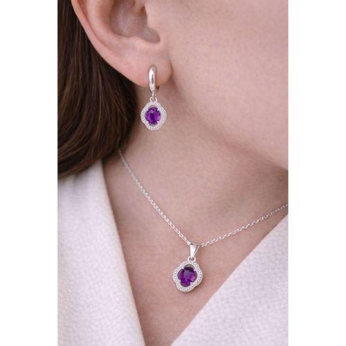 Gümüş Ametist Taşlı Kadın Kolye Küpe Seti Gümüş Kolye Set