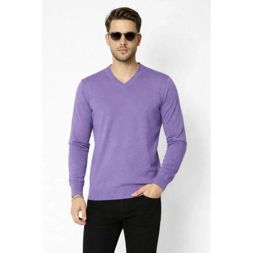 Erkek V Yaka Triko Kazak Yumuşak Dokulu Pamuklu Ince Dokuma, Uzun Kollu Rahat Regular Kalıp - Mor