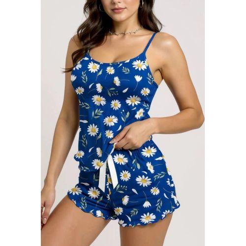 Papatya Desenli Mavi Askılı Şortlu Pijama Takımı