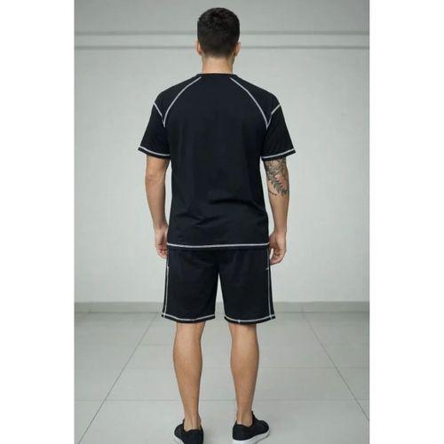 Erkek Spor Tişört Şort Takım Kontrast Dikiş Detaylı Ovarsize Rahat Kalıp - Siyah