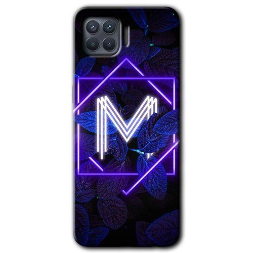 Oppo Reno 4 Lite Kılıf HD Desen Baskılı Arka Kapak + Temperli Cam - Dark Neon Yaprak M Harfi